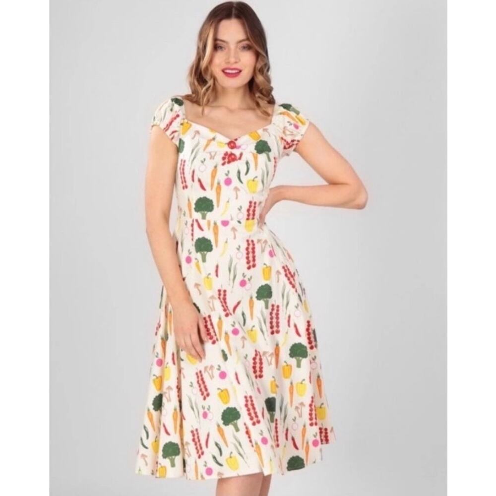 Collectif London Women's Summer Vegetable Garden Print Fit Flare Dress Size 16 - Picture 10 of 10